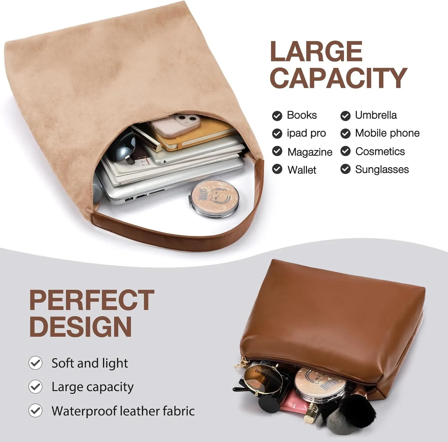 2-Piece Vegan Leather Purse Set for Women: Slouchy Hobo Shoulder Bag & Suede Tote Bag