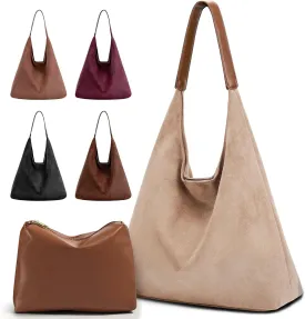 2-Piece Vegan Leather Purse Set for Women: Slouchy Hobo Shoulder Bag & Suede Tote Bag