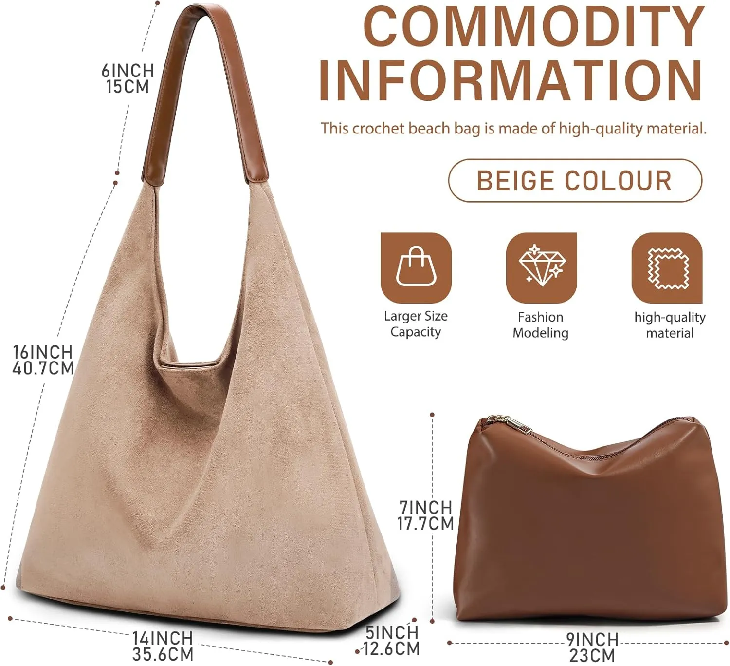 2-Piece Vegan Leather Purse Set for Women: Slouchy Hobo Shoulder Bag & Suede Tote Bag