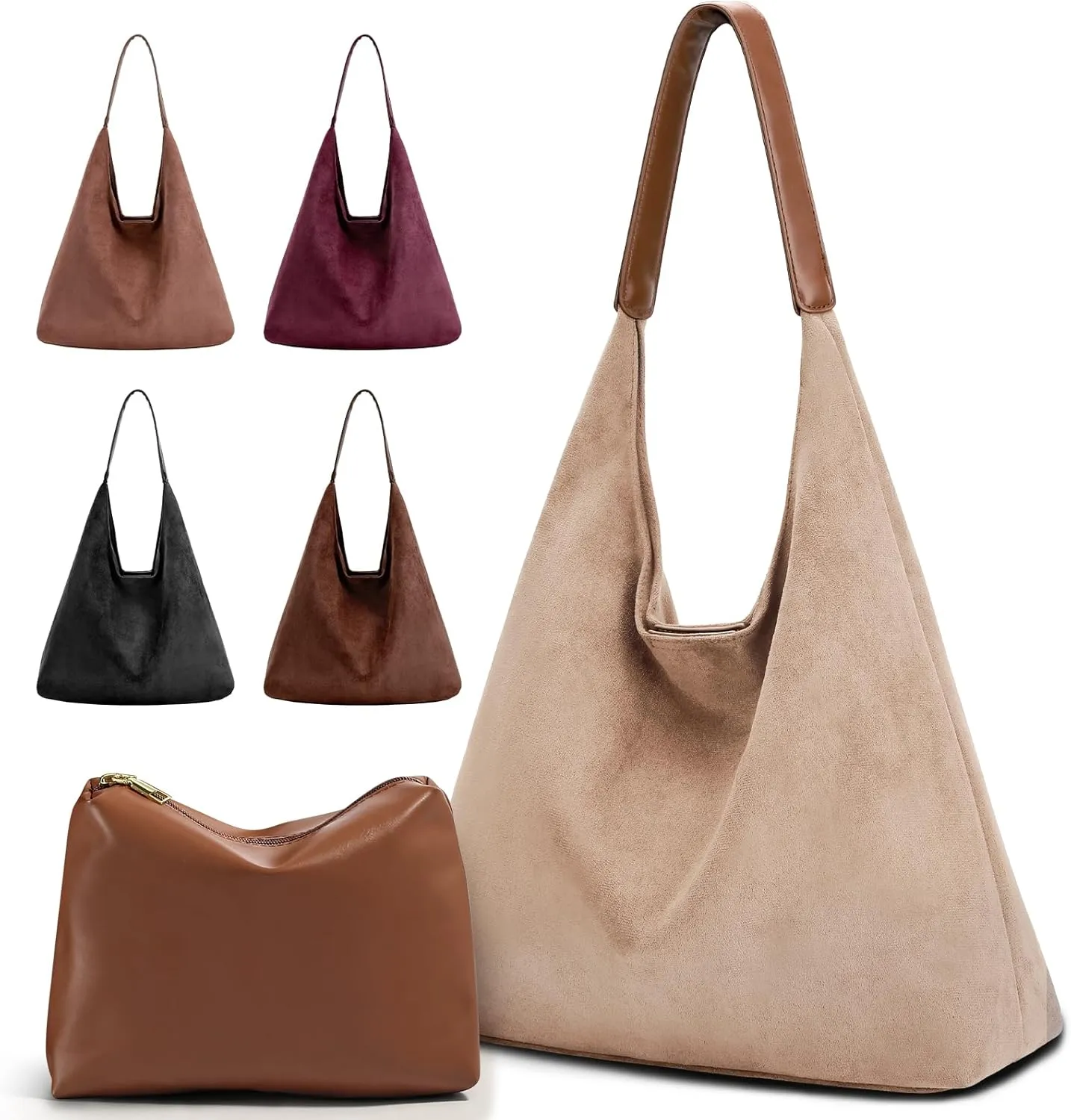 2-Piece Vegan Leather Purse Set for Women: Slouchy Hobo Shoulder Bag & Suede Tote Bag