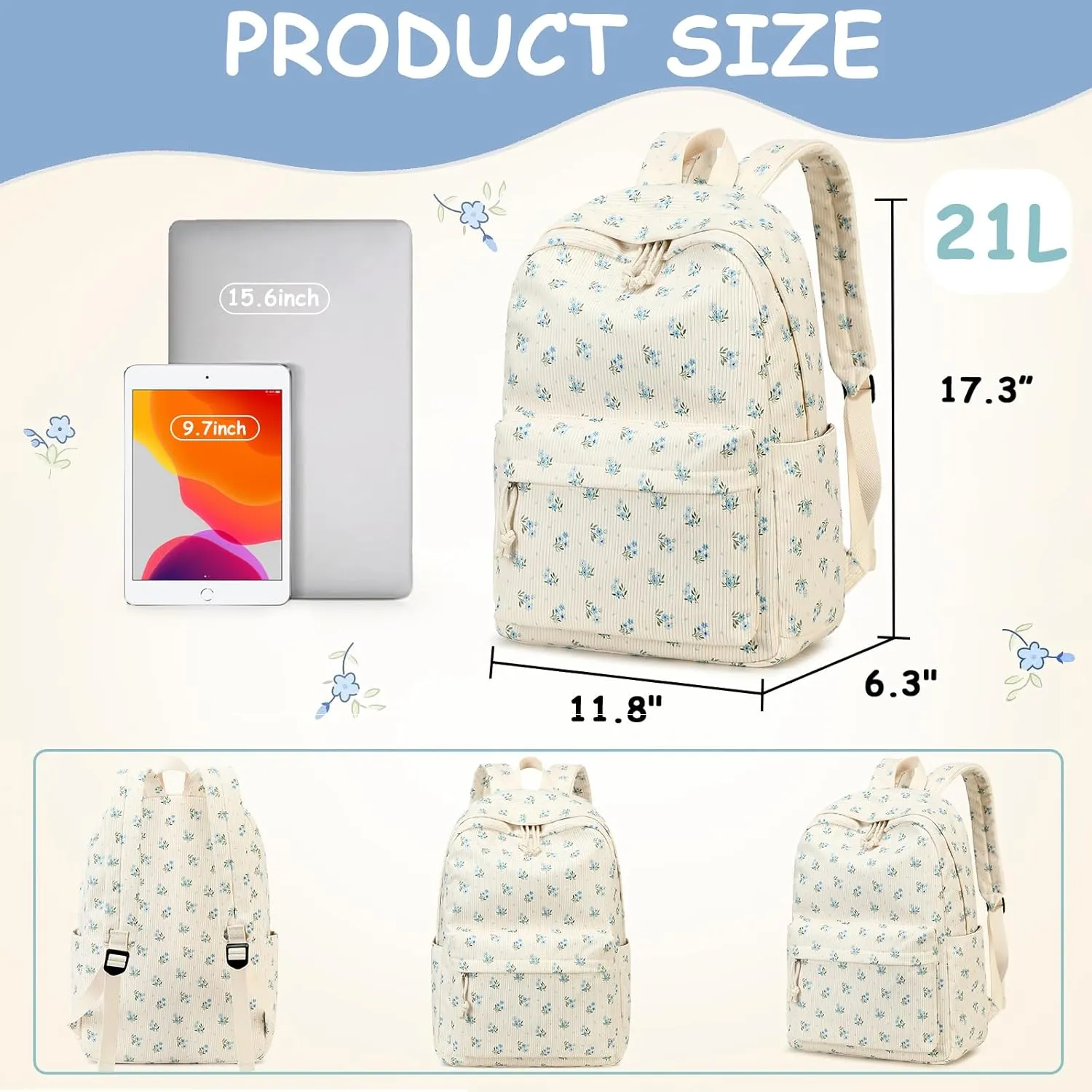 Backpack for Teen Girls Corduroy Bookbags Elementary Middle High School School Bag Lightweight Women Travel Casual Daypacks (Blue Flower)