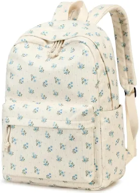 Backpack for Teen Girls Corduroy Bookbags Elementary Middle High School School Bag Lightweight Women Travel Casual Daypacks (Blue Flower)