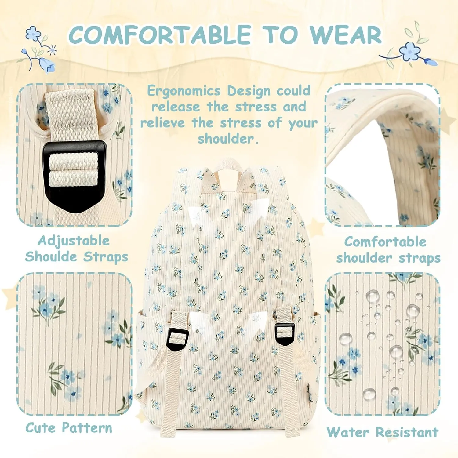 Backpack for Teen Girls Corduroy Bookbags Elementary Middle High School School Bag Lightweight Women Travel Casual Daypacks (Blue Flower)