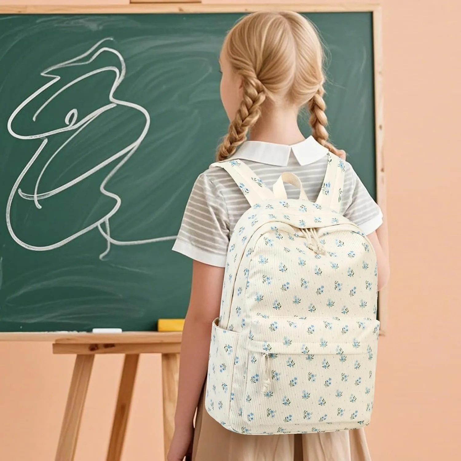 Backpack for Teen Girls Corduroy Bookbags Elementary Middle High School School Bag Lightweight Women Travel Casual Daypacks (Blue Flower)