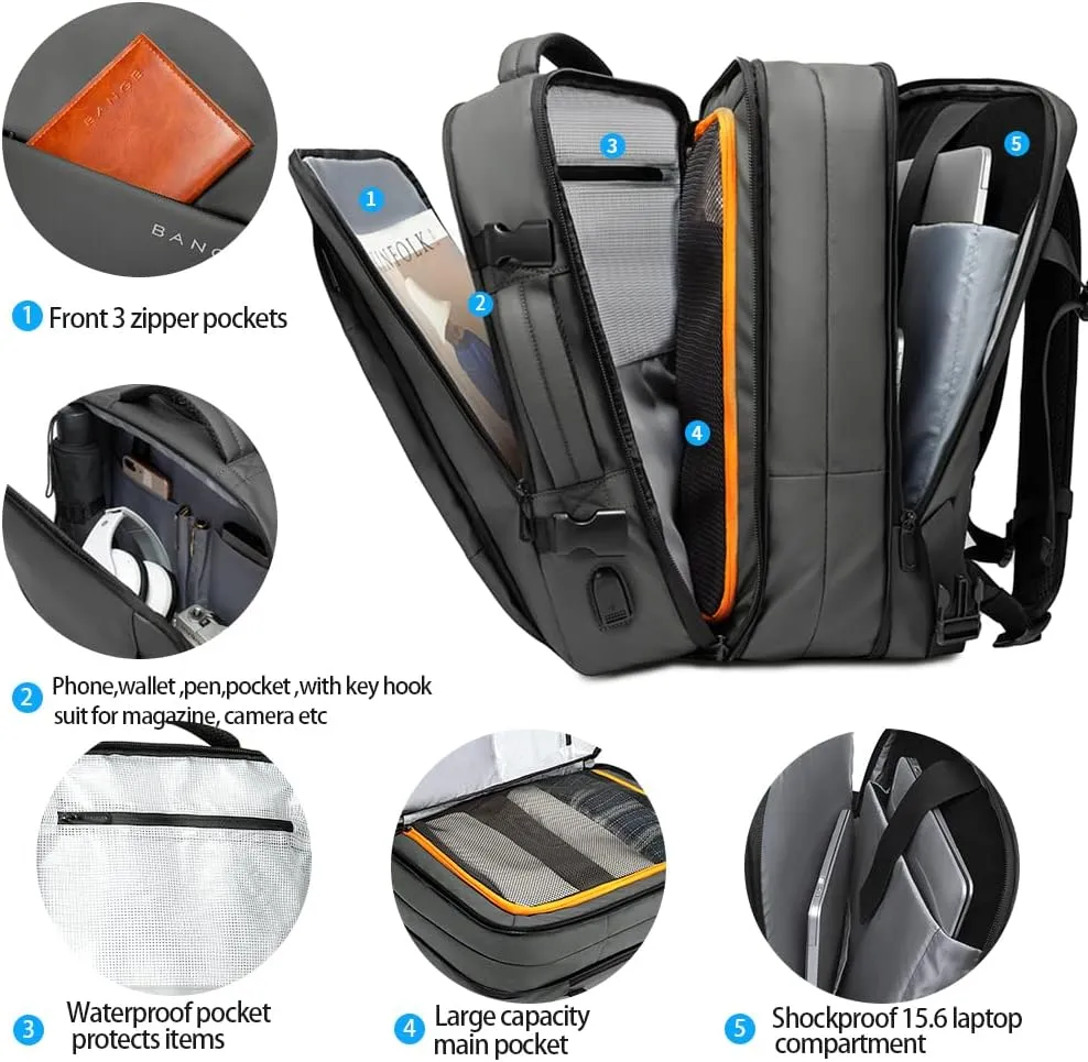 BANGE 45L Carry-on Backpack, Expandable Travel Backpacks for Airplanes,Convertible Weekend Backpack Briefcase for Traveling,Water Resistant College 17.3 Laptop Backpack for Men & Women