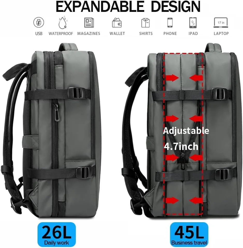 BANGE 45L Carry-on Backpack, Expandable Travel Backpacks for Airplanes,Convertible Weekend Backpack Briefcase for Traveling,Water Resistant College 17.3 Laptop Backpack for Men & Women