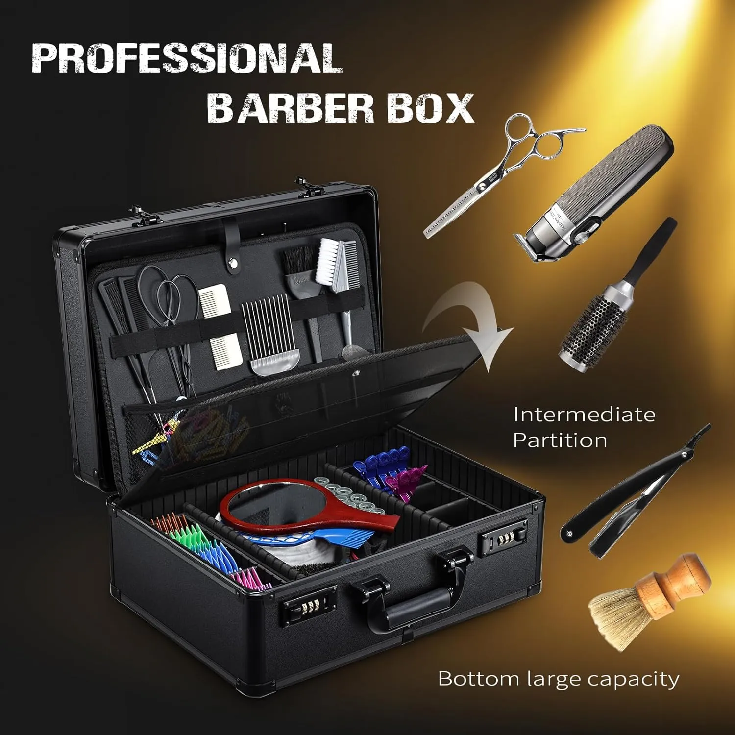 Barber Accessories Case - Profesional Barbers Briefcase, Tool Case for Clippers, Scissors, Trimmer & Supplies - Black, Code Lock Suitcase