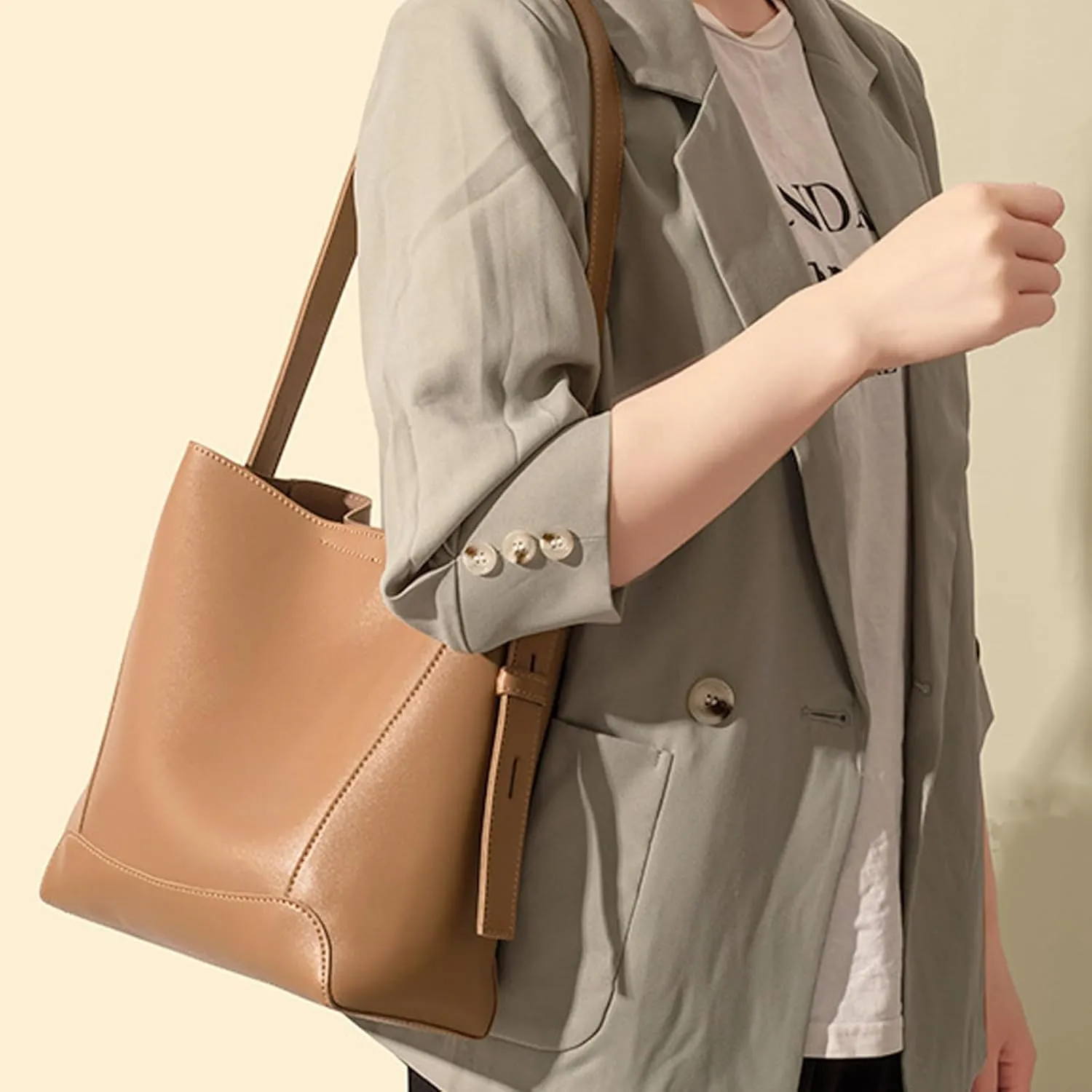 Barsine Leather Bucket Tote Purse for Women Tote Bag and Handbags Shoulder Bag with Pockets and Magnetic Snap