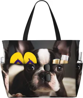 Beach Bags For Women Large Waterproof Sandproof Beach Tote Bag Lightweight Zipper Carry On Bag Cute Boston Terrier Pool Bag For Gym Travel Vocation