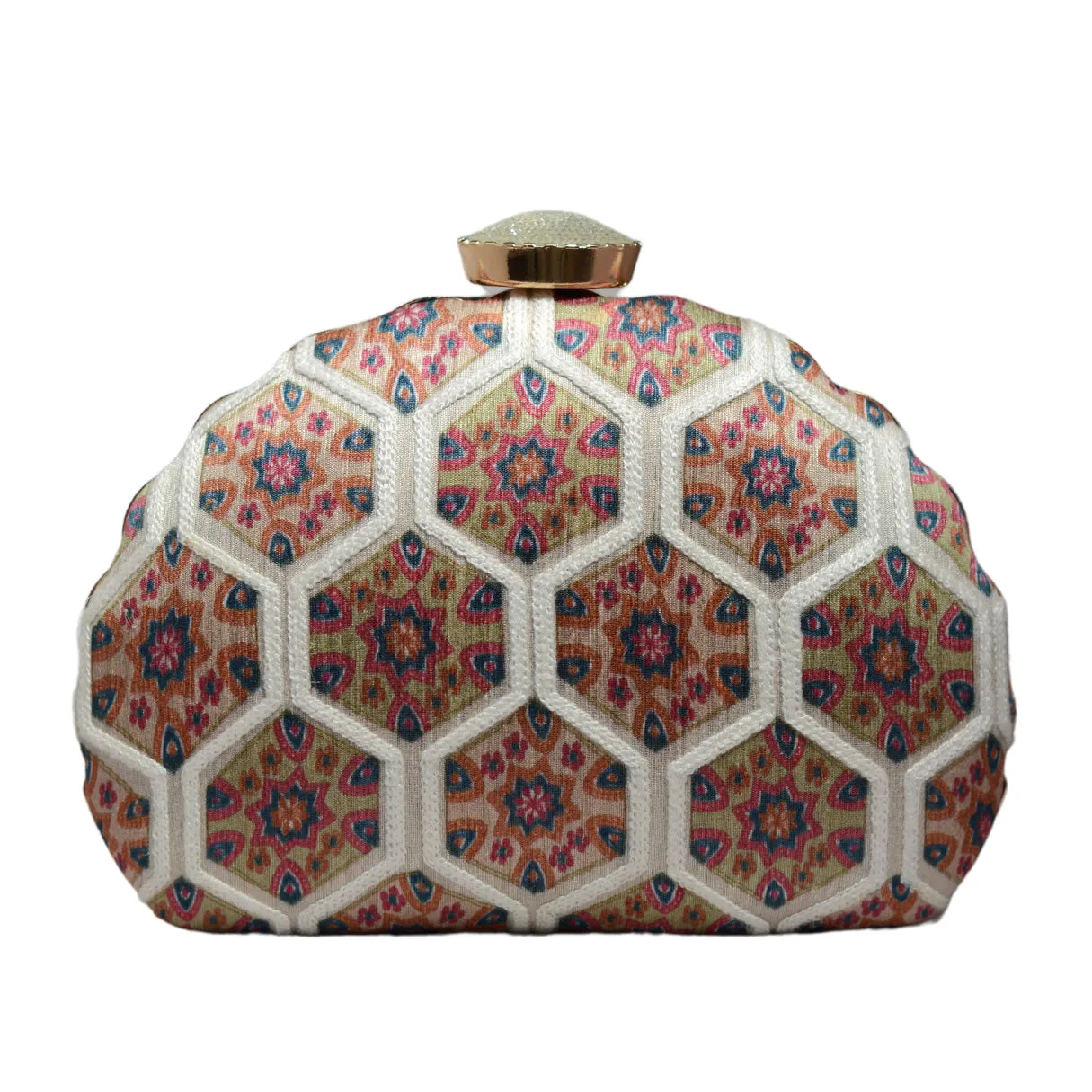 Beige Floral Printed Embroidery Clutch