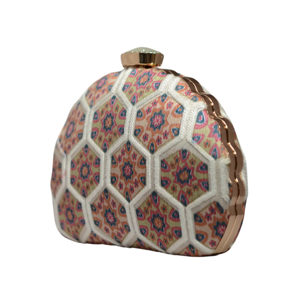 Beige Floral Printed Embroidery Clutch