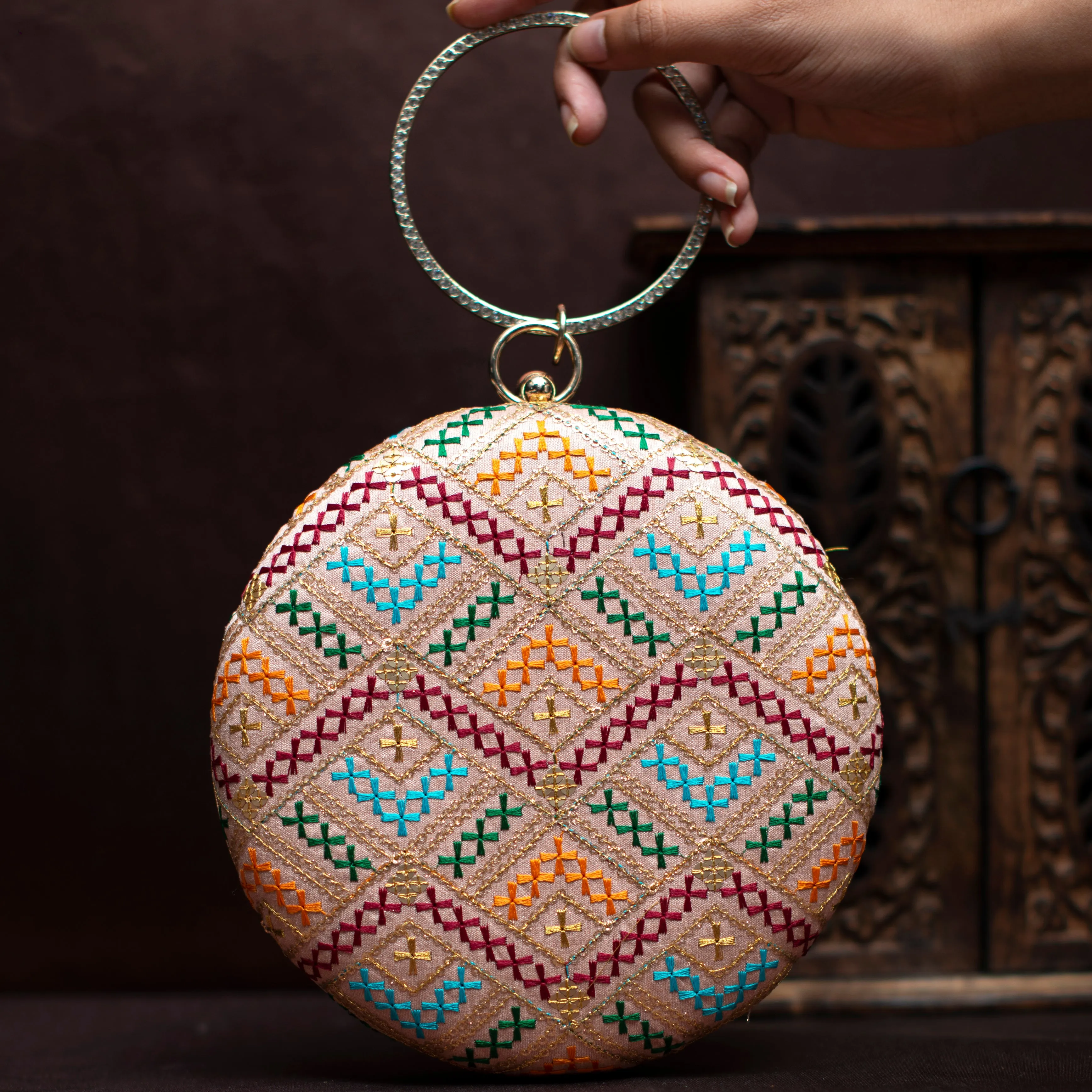 Beige Multicolor Embroidery Round Clutch
