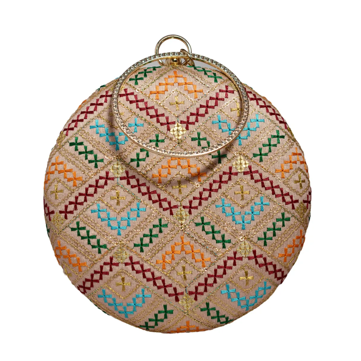 Beige Multicolor Embroidery Round Clutch