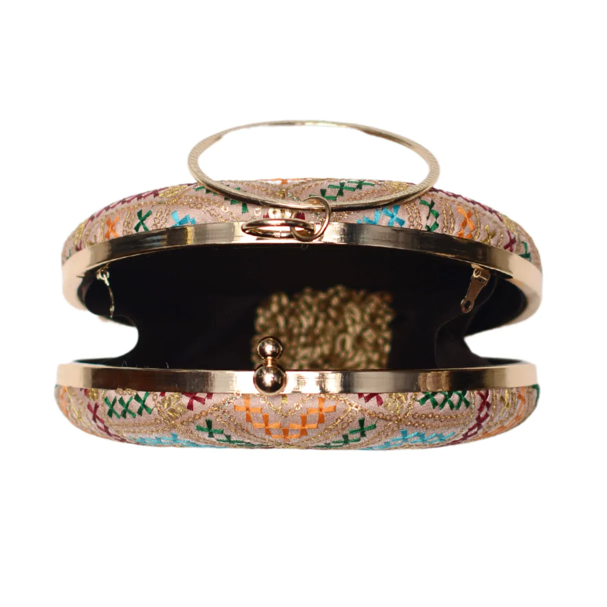 Beige Multicolor Embroidery Round Clutch