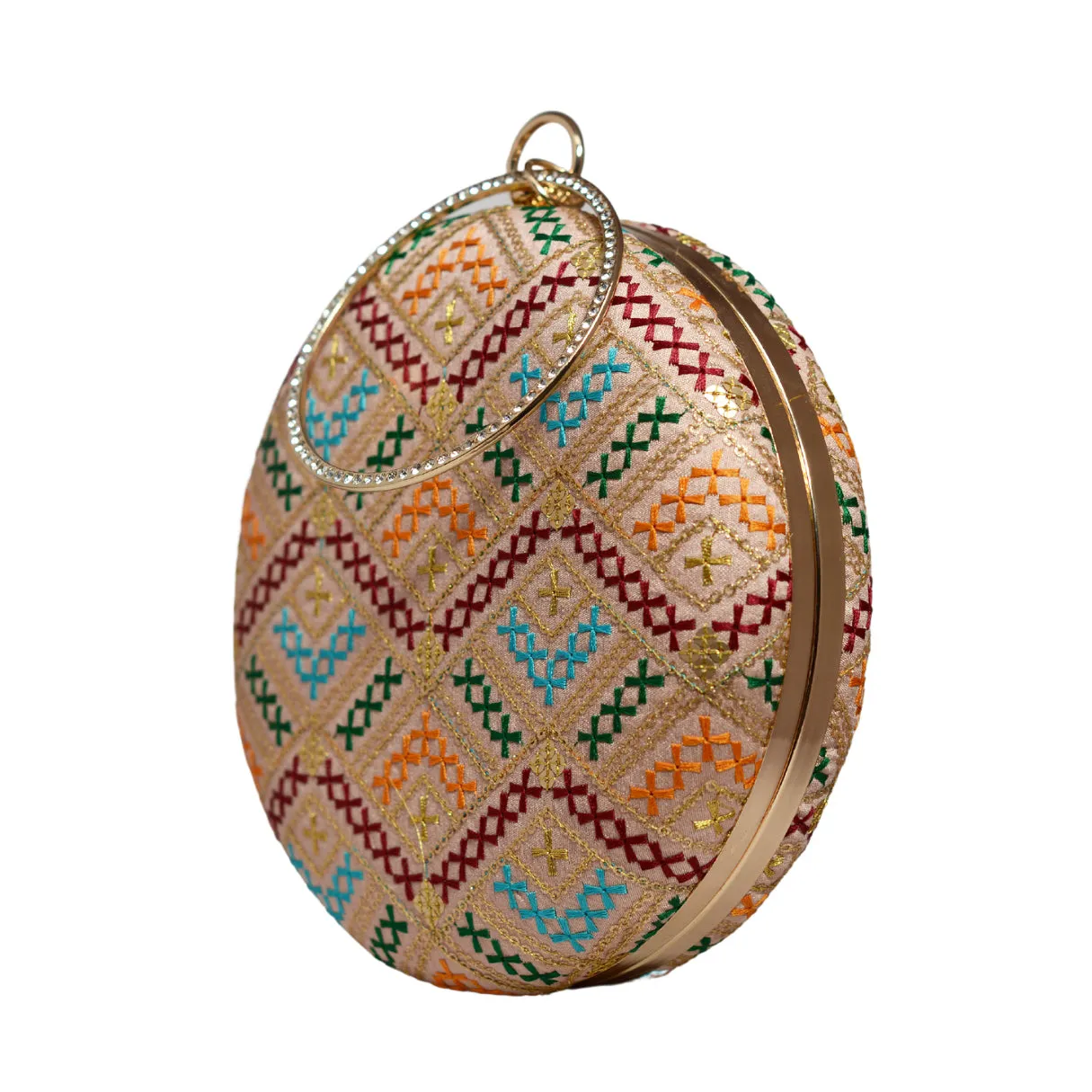 Beige Multicolor Embroidery Round Clutch