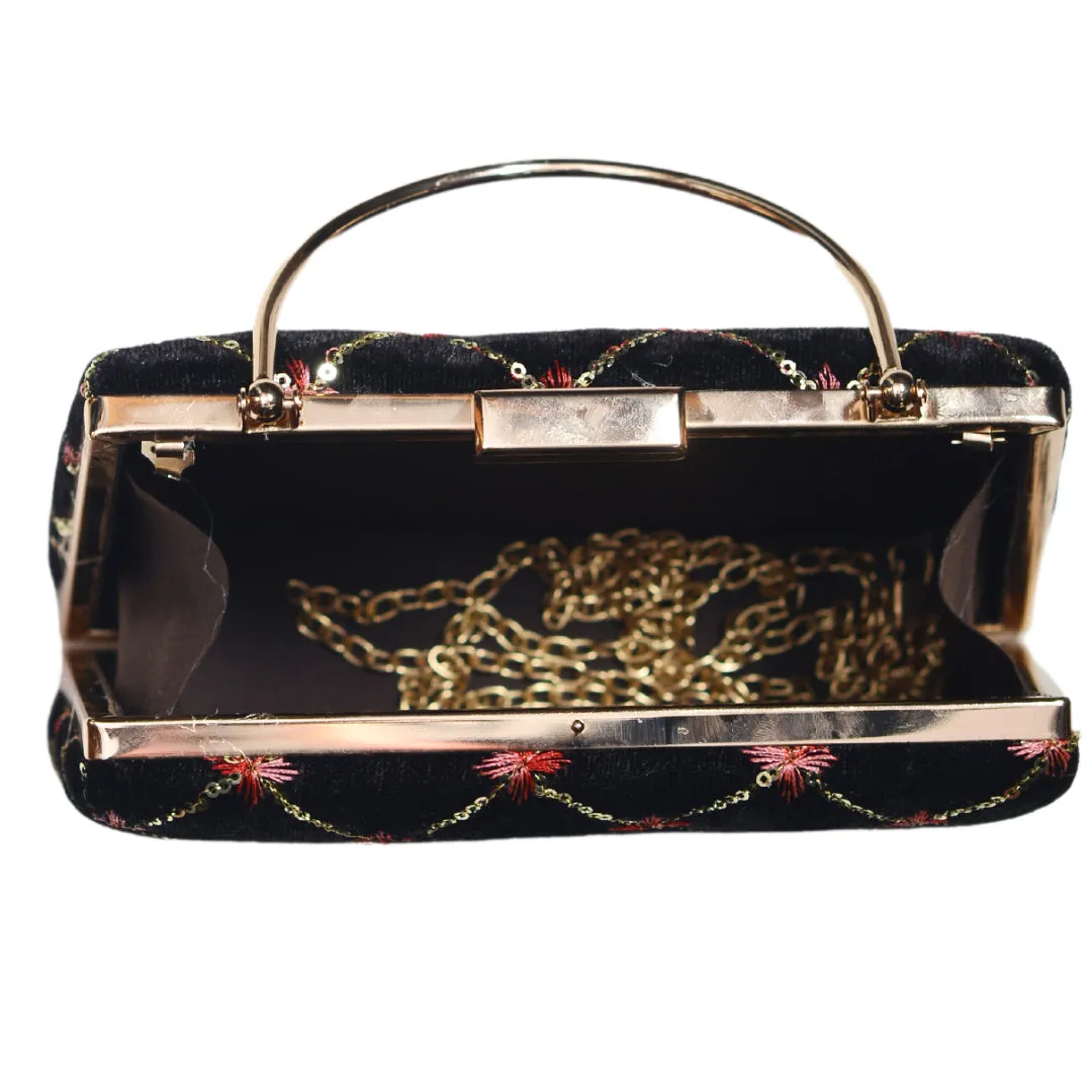 Black Check Pattern Embroidery Clutch