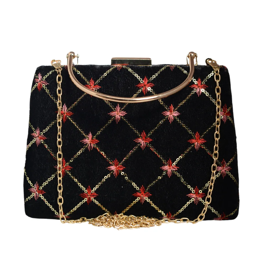 Black Check Pattern Embroidery Clutch