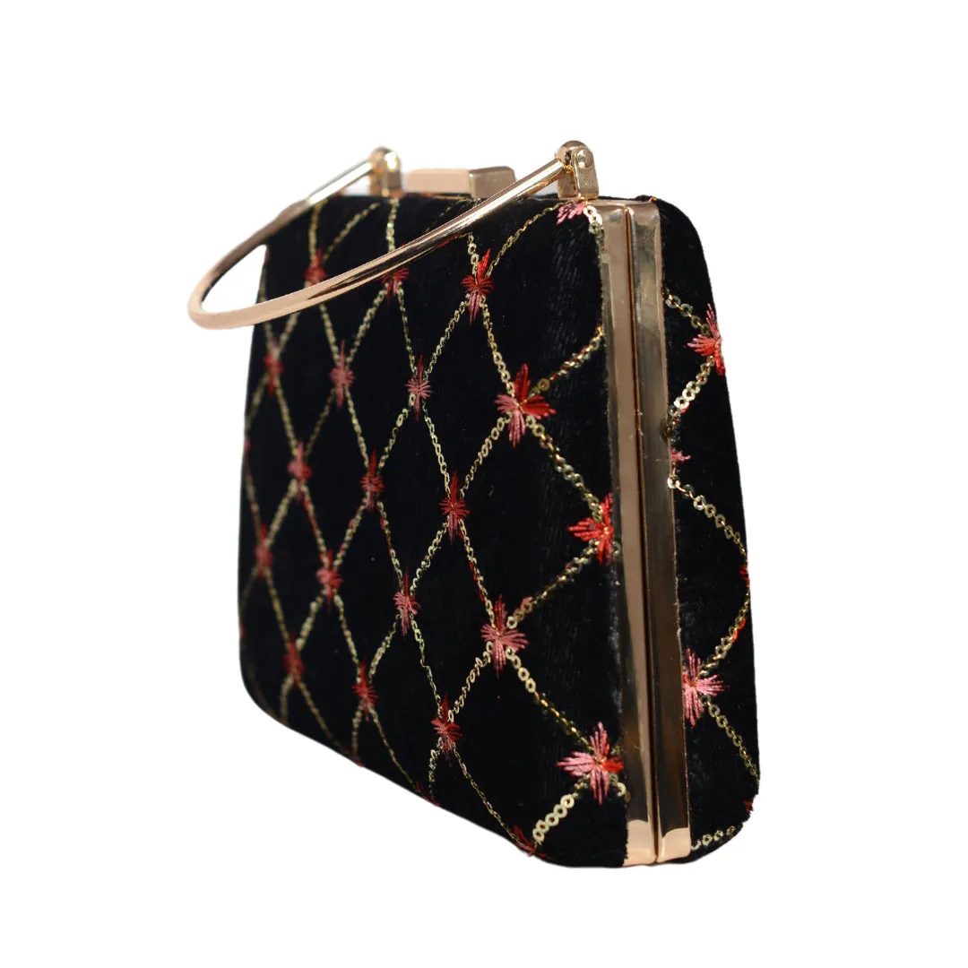 Black Check Pattern Embroidery Clutch