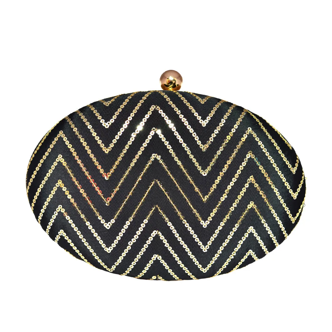Black Embroidered Oval Clutch
