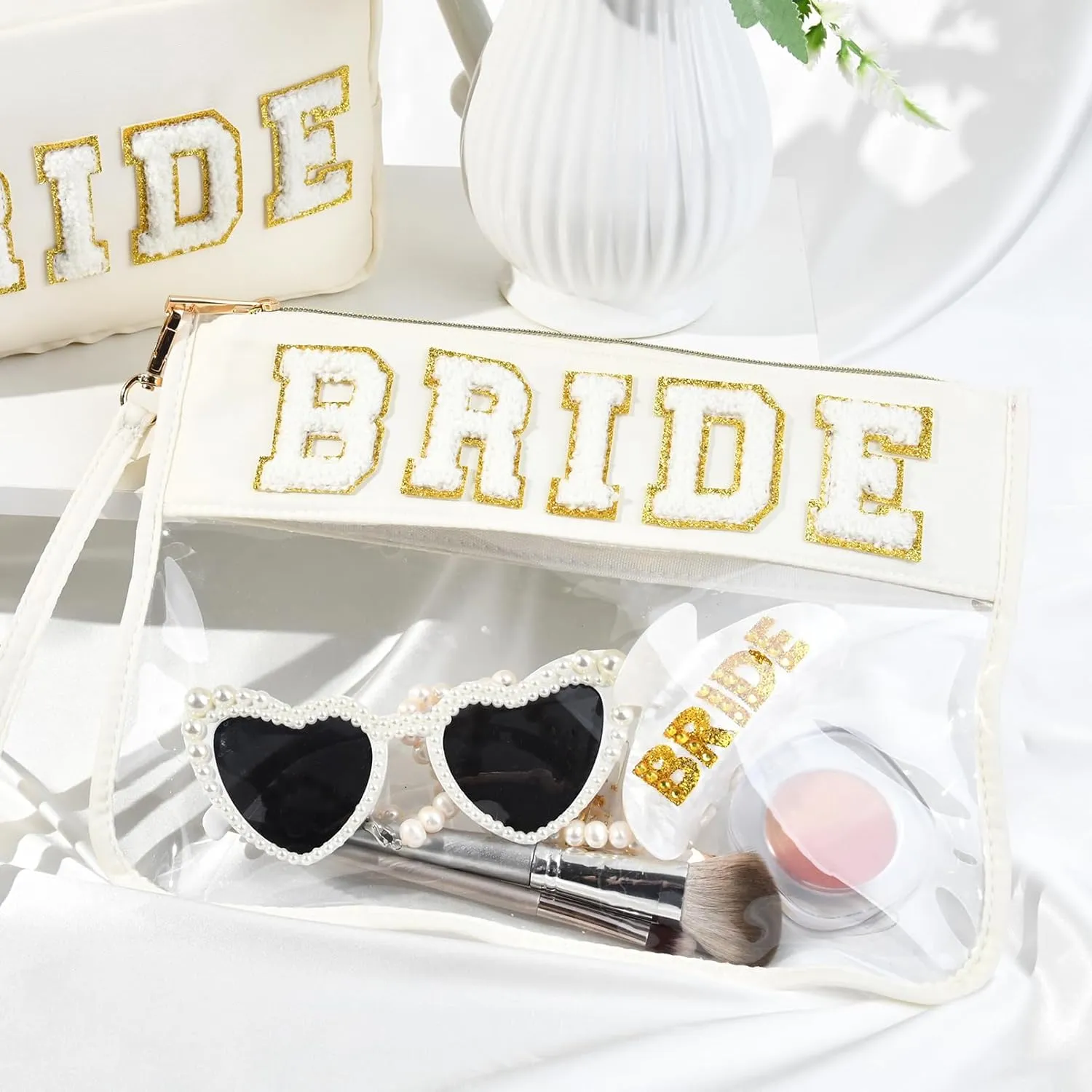 Bride Patch Letter Makeup Bag for Women Bridesmaid Engagement Gift Travel Toiletry Pouch, Bridal Shower Wedding Gift Bride to Be Make Up Bag Perfect Engagement Gifts