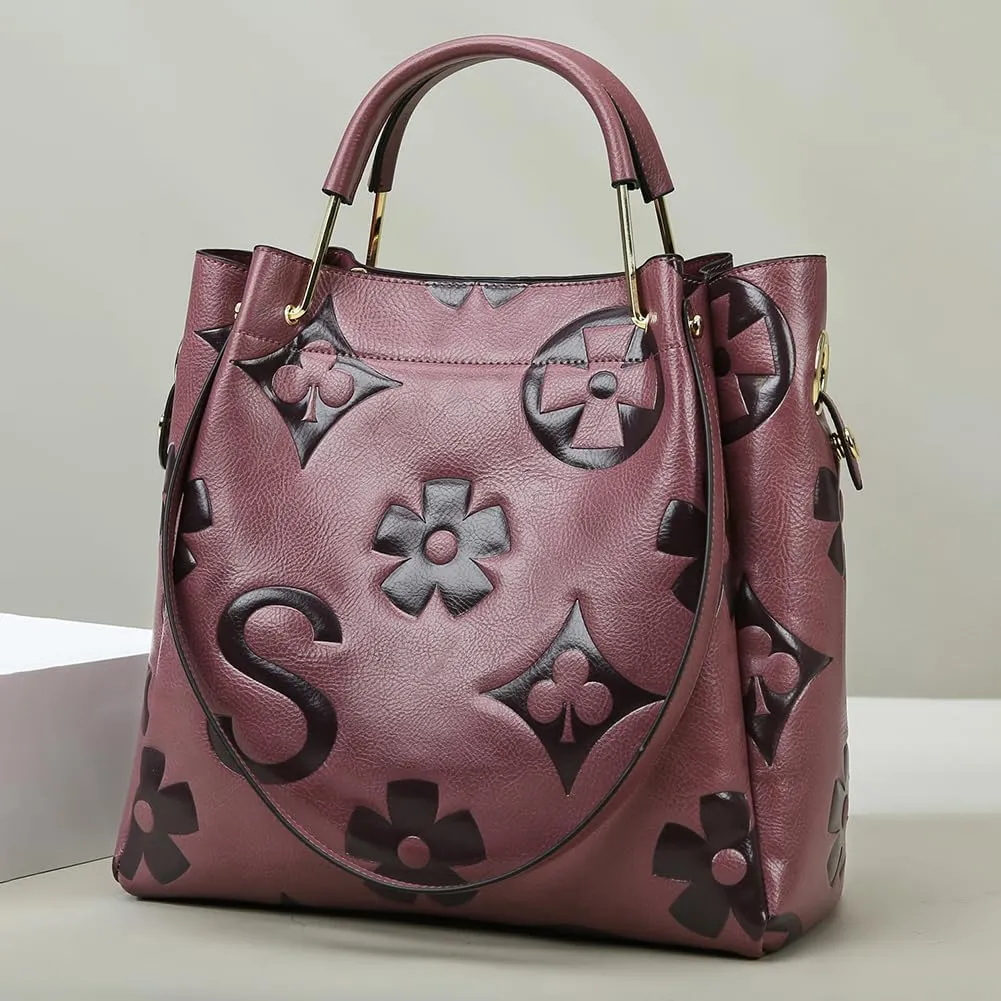 Bucket Bags for Women Floral Embossed Tote Bag Women's Top-handle Handbags Trendy Vintage Vegan Leather Shoulder Bag