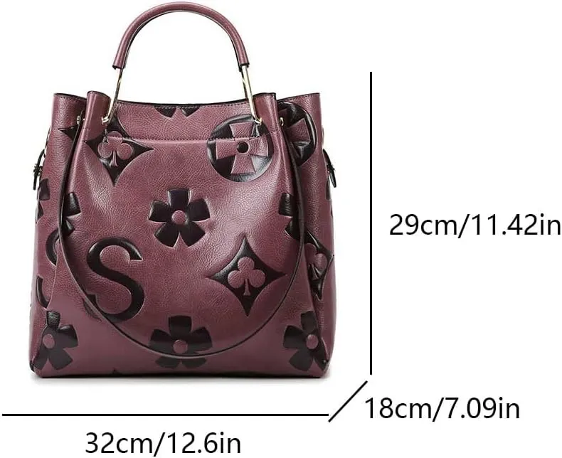 Bucket Bags for Women Floral Embossed Tote Bag Women's Top-handle Handbags Trendy Vintage Vegan Leather Shoulder Bag
