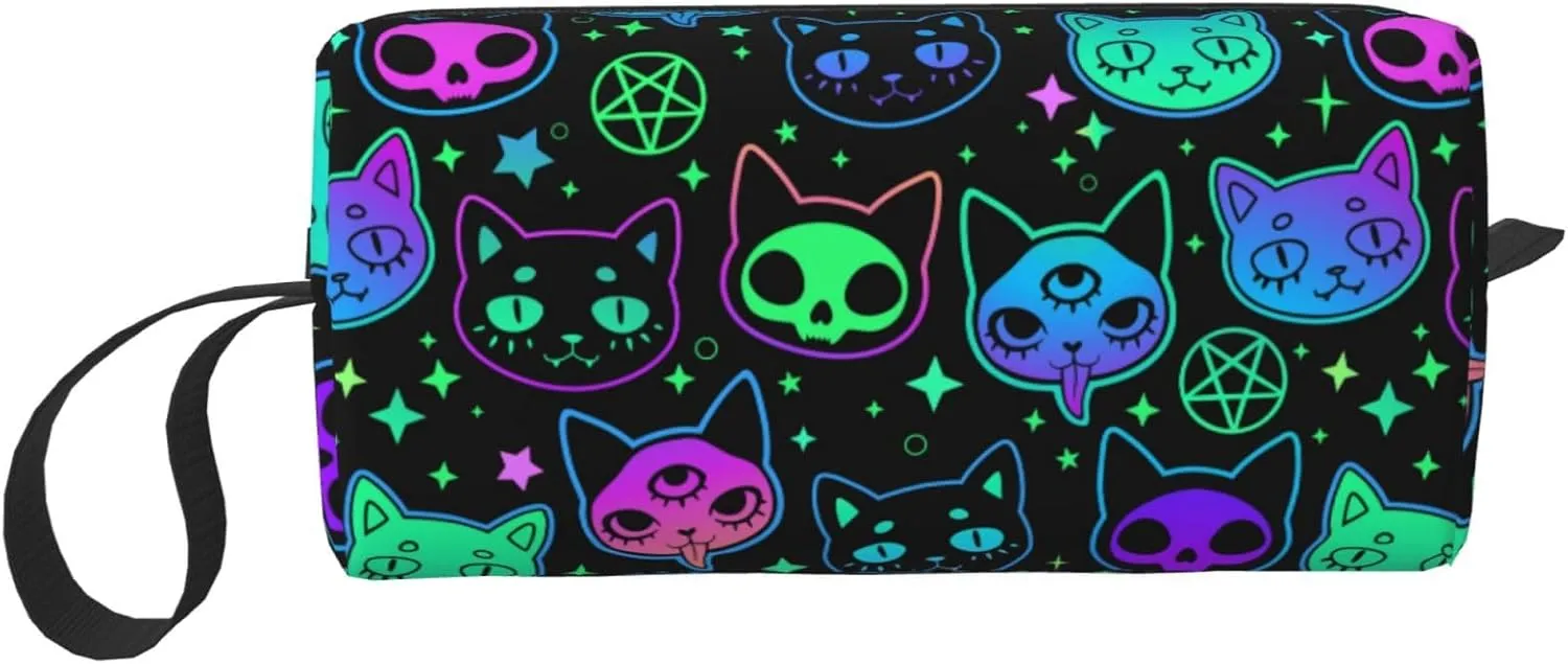 Cat Witchcraft Cartoon Neon Bright Makeup Bag Organizer Small Cosmetic Bags Portable Travel Toiletry Bag With Handle Simple Accessories Storage Zipper Pouch For Women Girl