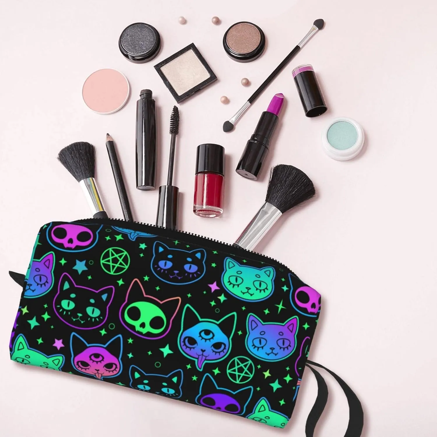 Cat Witchcraft Cartoon Neon Bright Makeup Bag Organizer Small Cosmetic Bags Portable Travel Toiletry Bag With Handle Simple Accessories Storage Zipper Pouch For Women Girl