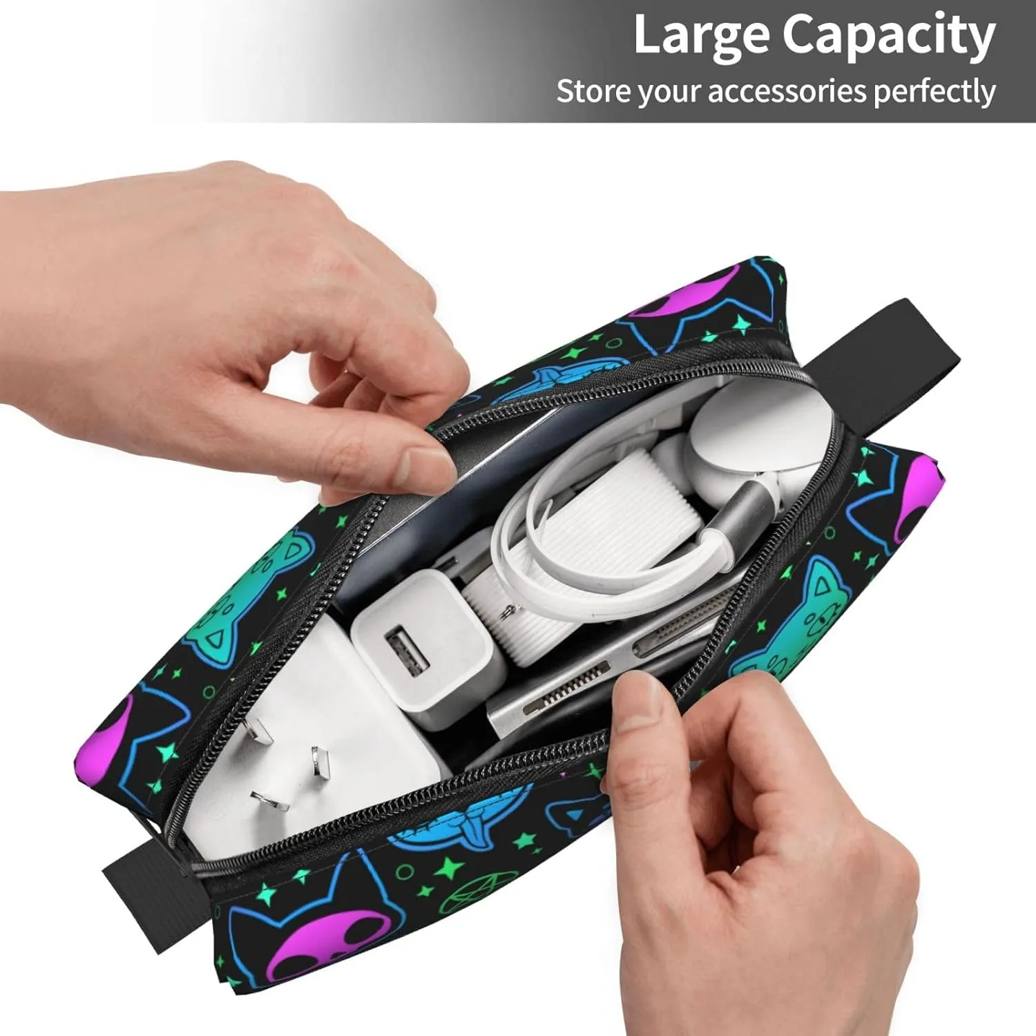 Cat Witchcraft Cartoon Neon Bright Makeup Bag Organizer Small Cosmetic Bags Portable Travel Toiletry Bag With Handle Simple Accessories Storage Zipper Pouch For Women Girl