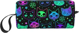 Cat Witchcraft Cartoon Neon Bright Makeup Bag Organizer Small Cosmetic Bags Portable Travel Toiletry Bag With Handle Simple Accessories Storage Zipper Pouch For Women Girl