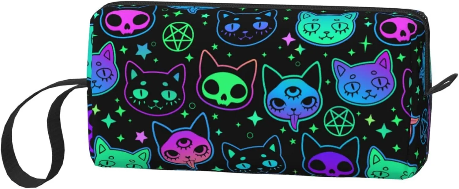 Cat Witchcraft Cartoon Neon Bright Makeup Bag Organizer Small Cosmetic Bags Portable Travel Toiletry Bag With Handle Simple Accessories Storage Zipper Pouch For Women Girl