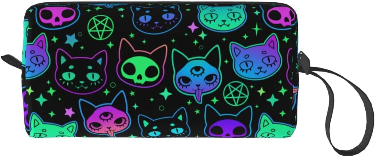 Cat Witchcraft Cartoon Neon Bright Makeup Bag Organizer Small Cosmetic Bags Portable Travel Toiletry Bag With Handle Simple Accessories Storage Zipper Pouch For Women Girl