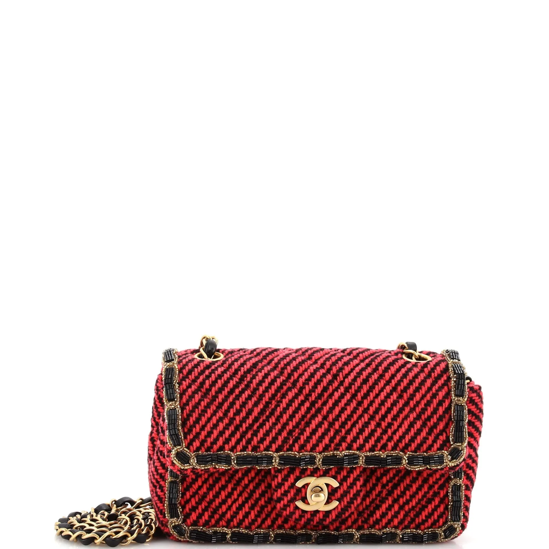 CHANEL Classic Single Flap Bag Braided Quilted Wool with Beaded Trim Mini