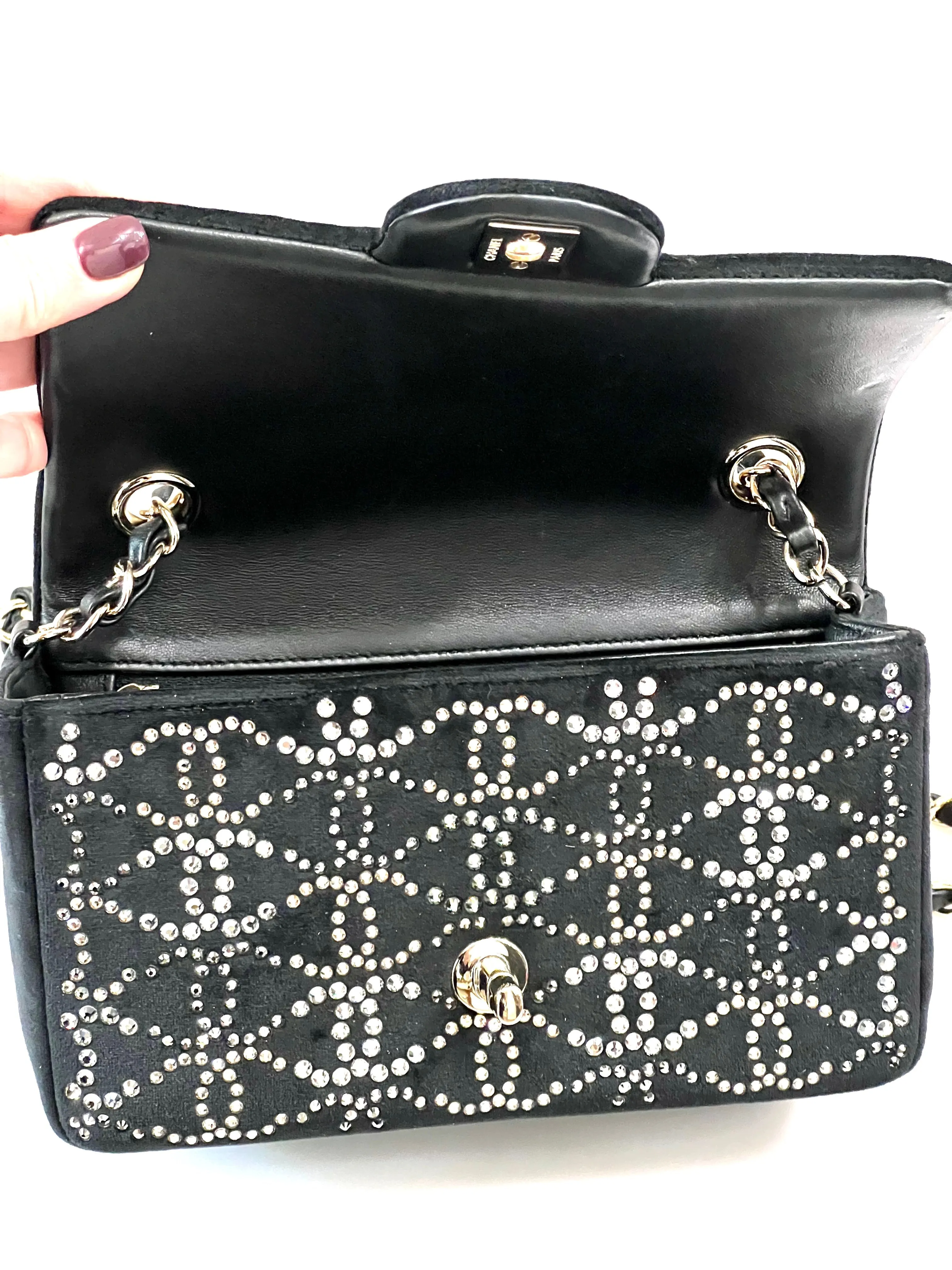CHANEL RUTHENIUM STRASS CRYSTAL EMBELLISHED MINI CLASSIC FLAP BAG