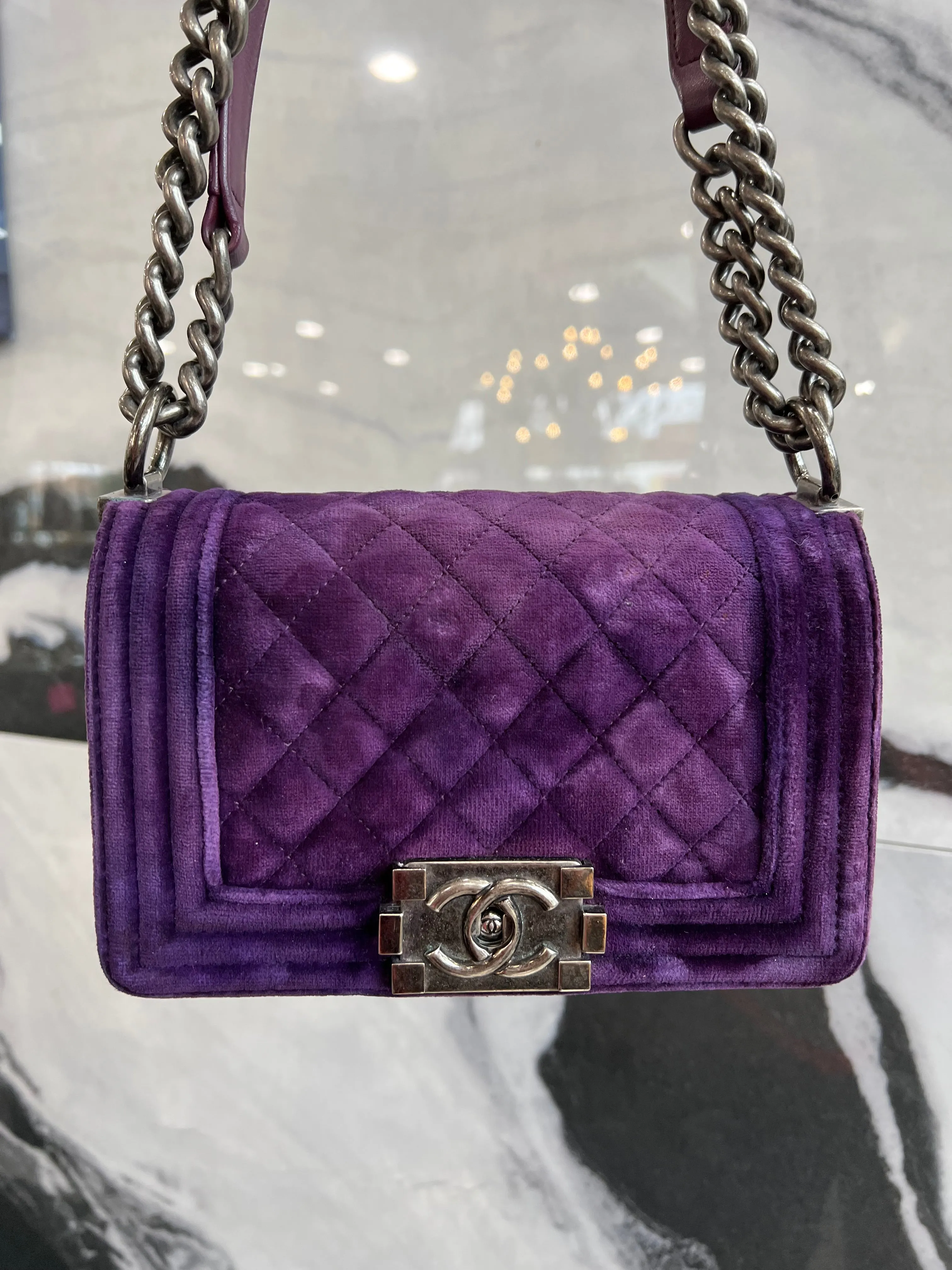 CHANEL Velvet Quilted Mini Boy Flap Purple