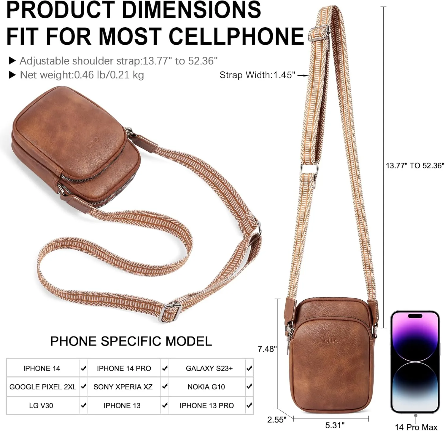 CLUCI Small Crossbody Bags for Women PU Leather Cell Phone Purse Wallet with Adjustable Guitar Strap