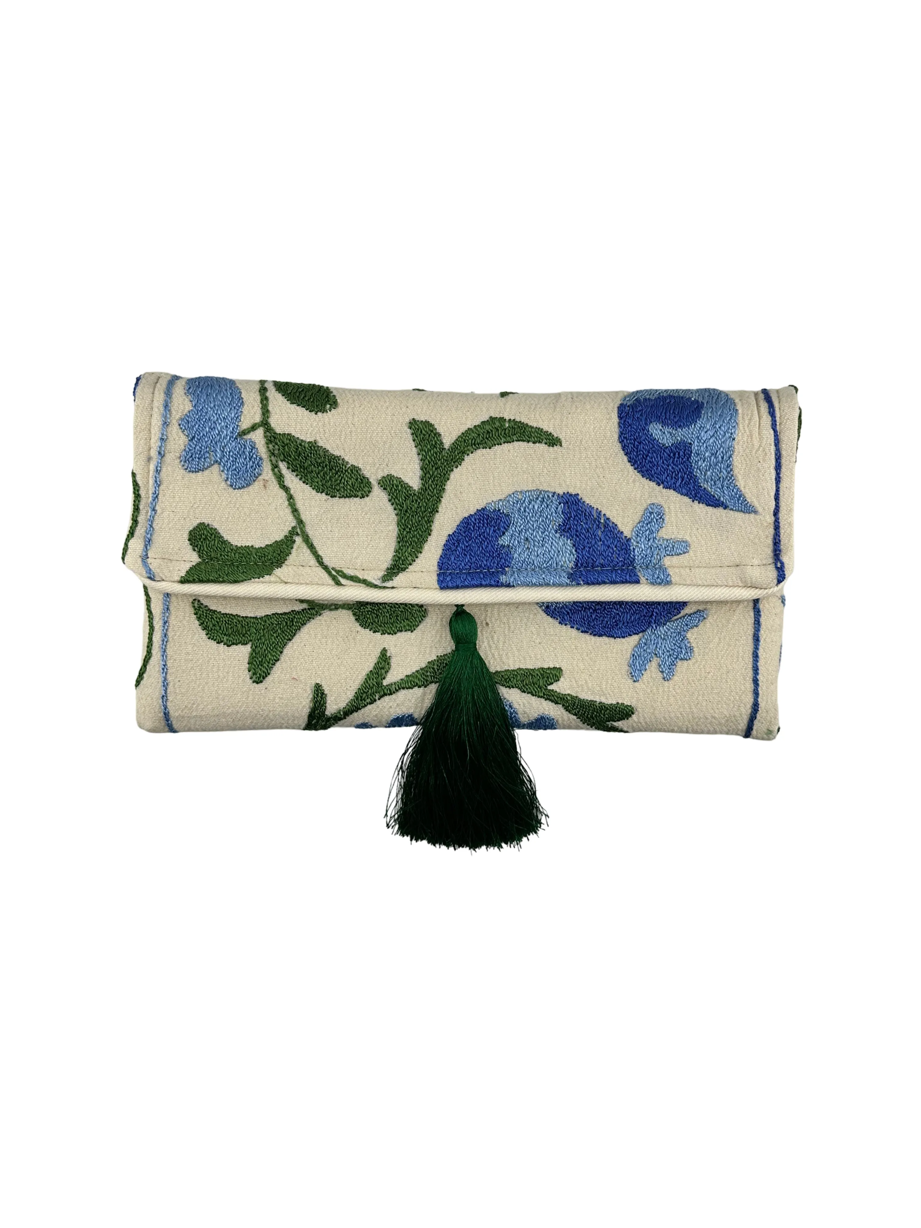 Cream and Blue Floral Embroidered Clutch