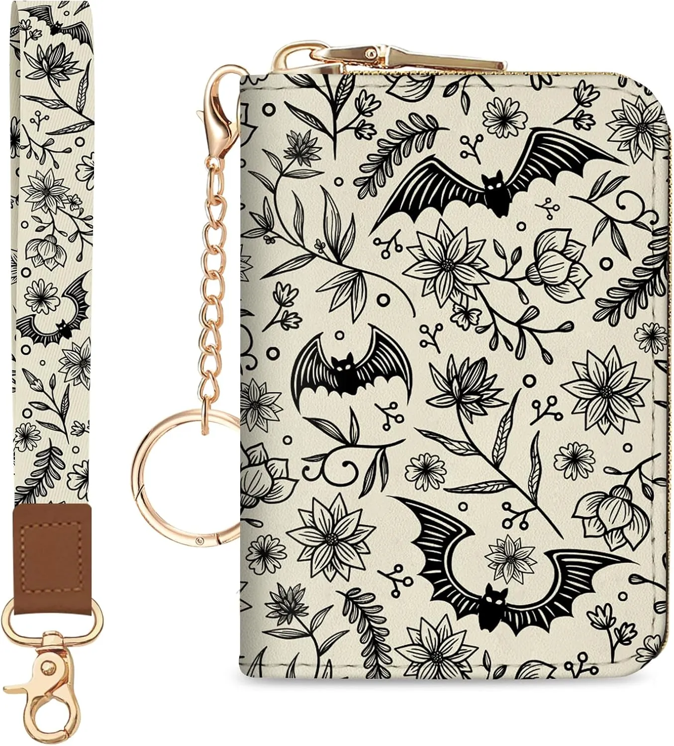 Credit Card Holder for Women, Goth Small RFID Blocking Wallet with Wristlet Strap, Gothic Zipper Keychain Women Wallet, Leather Card Case, Accordion Card Wallet Purse with Key Lanyard