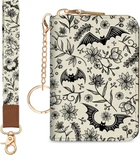 Credit Card Holder for Women, Goth Small RFID Blocking Wallet with Wristlet Strap, Gothic Zipper Keychain Women Wallet, Leather Card Case, Accordion Card Wallet Purse with Key Lanyard