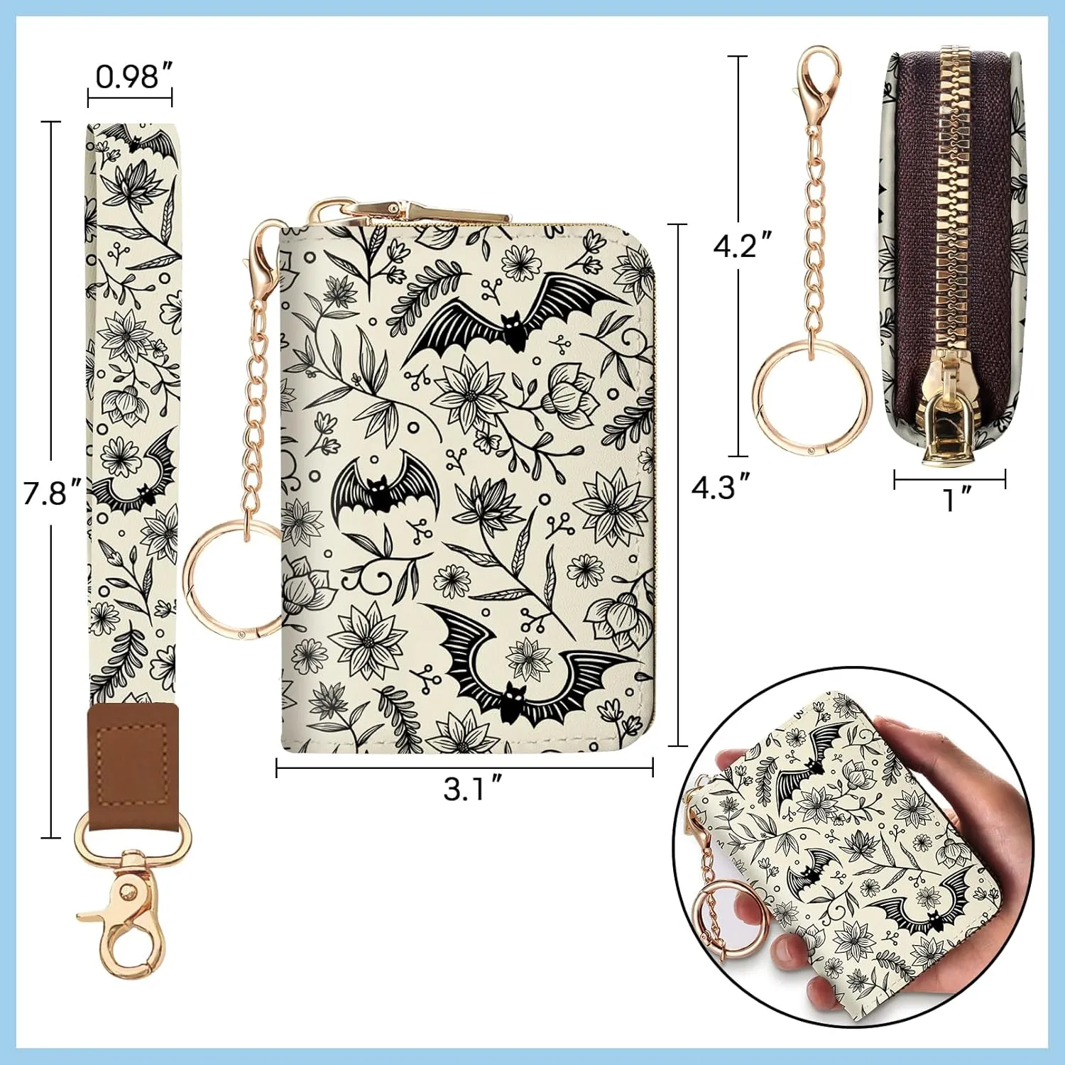 Credit Card Holder for Women, Goth Small RFID Blocking Wallet with Wristlet Strap, Gothic Zipper Keychain Women Wallet, Leather Card Case, Accordion Card Wallet Purse with Key Lanyard