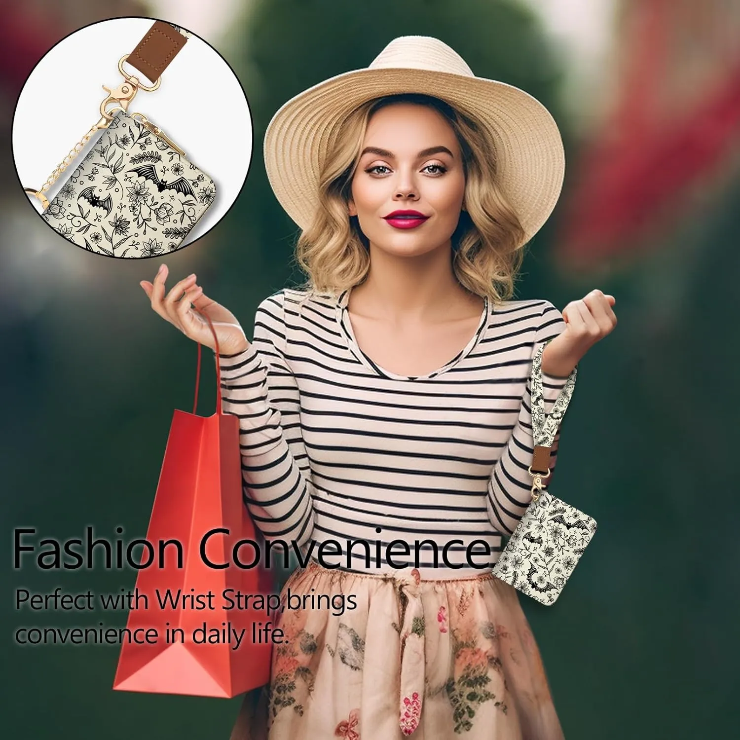 Credit Card Holder for Women, Goth Small RFID Blocking Wallet with Wristlet Strap, Gothic Zipper Keychain Women Wallet, Leather Card Case, Accordion Card Wallet Purse with Key Lanyard