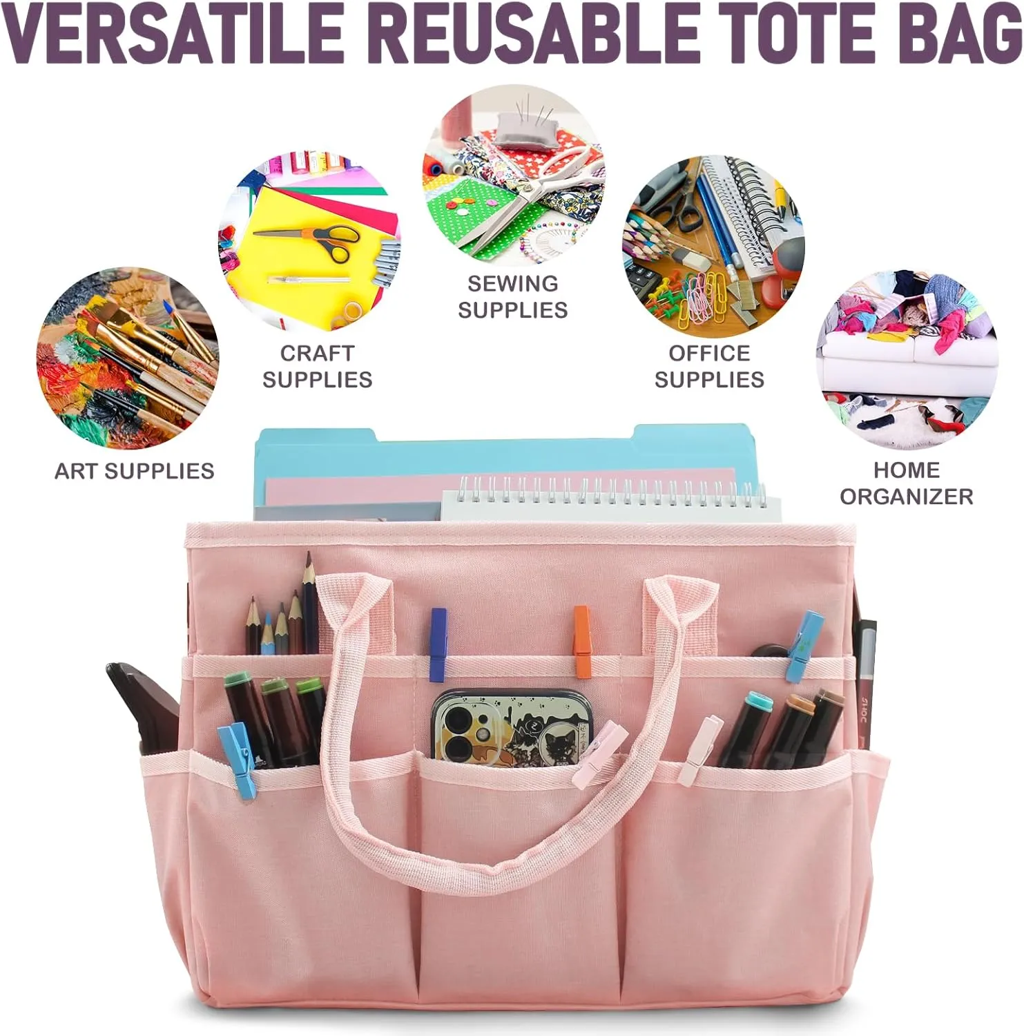 Cupohus Art Organizer Craft Storage Tote Bag with Pockets and Handles, Oxford Fabric Carrying Caddy for Teacher, Officer, Artist, Traveler, and more Pink