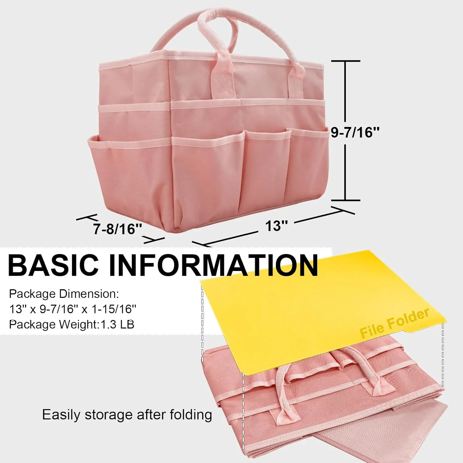 Cupohus Art Organizer Craft Storage Tote Bag with Pockets and Handles, Oxford Fabric Carrying Caddy for Teacher, Officer, Artist, Traveler, and more Pink