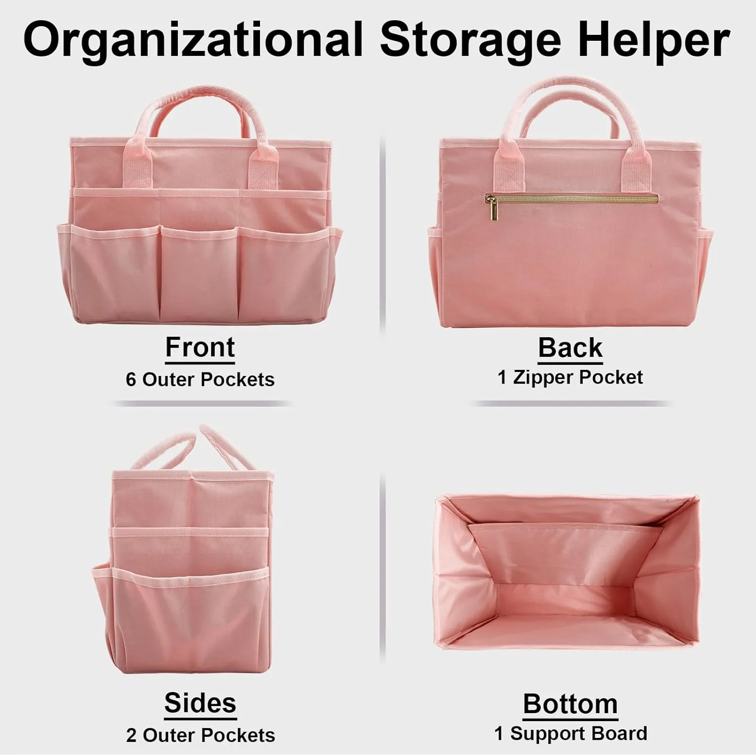 Cupohus Art Organizer Craft Storage Tote Bag with Pockets and Handles, Oxford Fabric Carrying Caddy for Teacher, Officer, Artist, Traveler, and more Pink