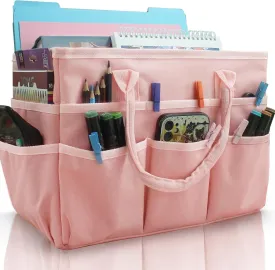 Cupohus Art Organizer Craft Storage Tote Bag with Pockets and Handles, Oxford Fabric Carrying Caddy for Teacher, Officer, Artist, Traveler, and more Pink