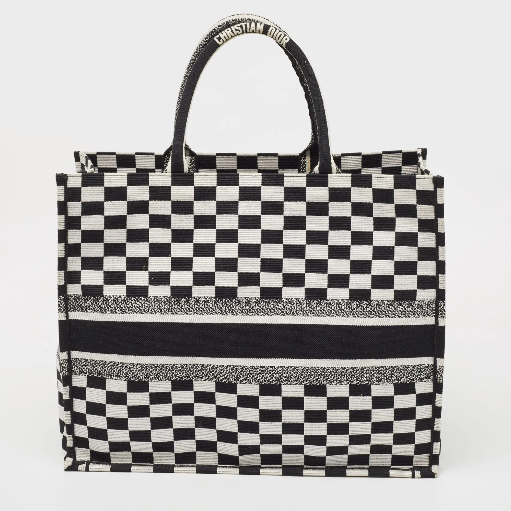 DIOR Black/White Checkered Embroidered Canvas Large Book Tote