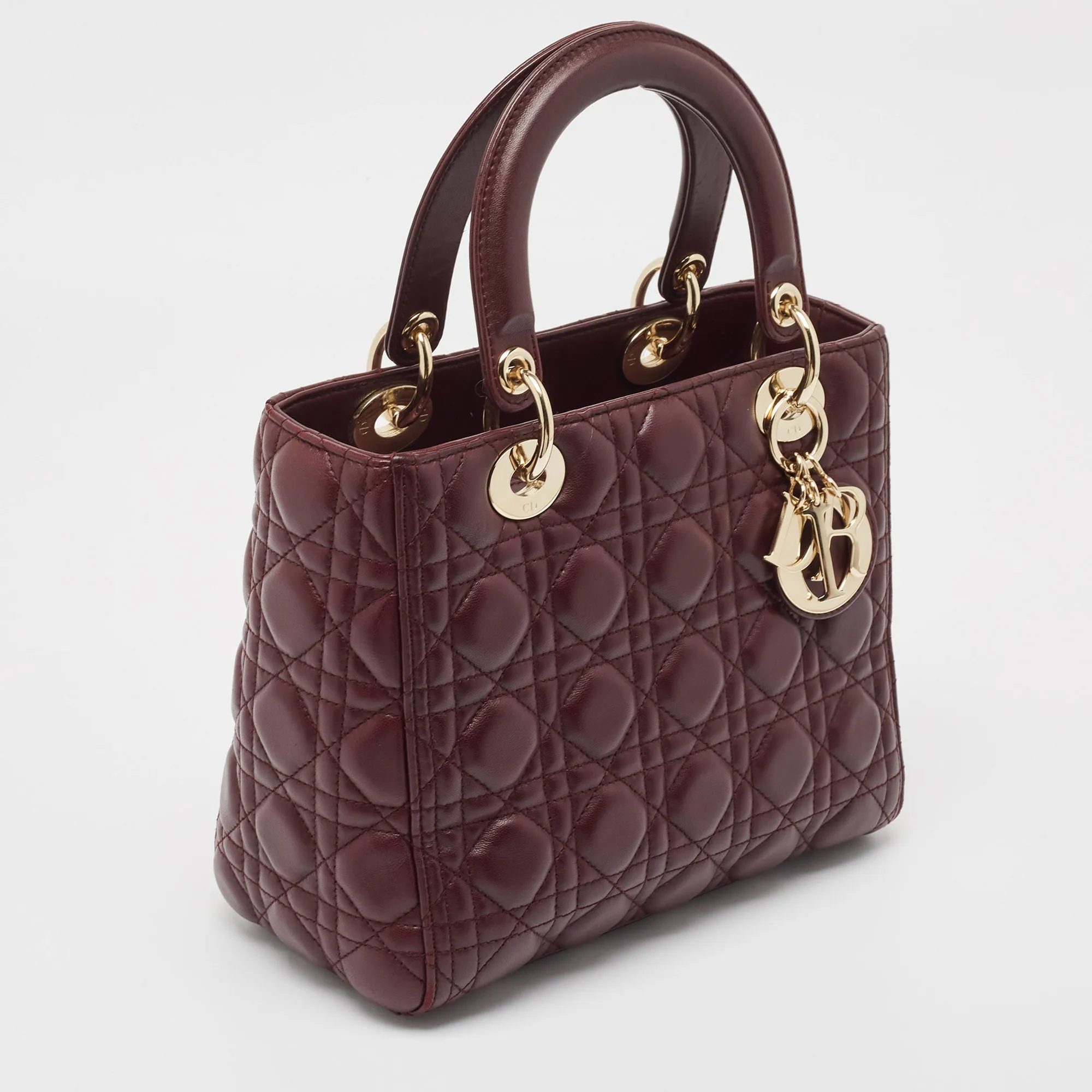 DIOR Burgundy Cannage Leather Medium Lady  Tote