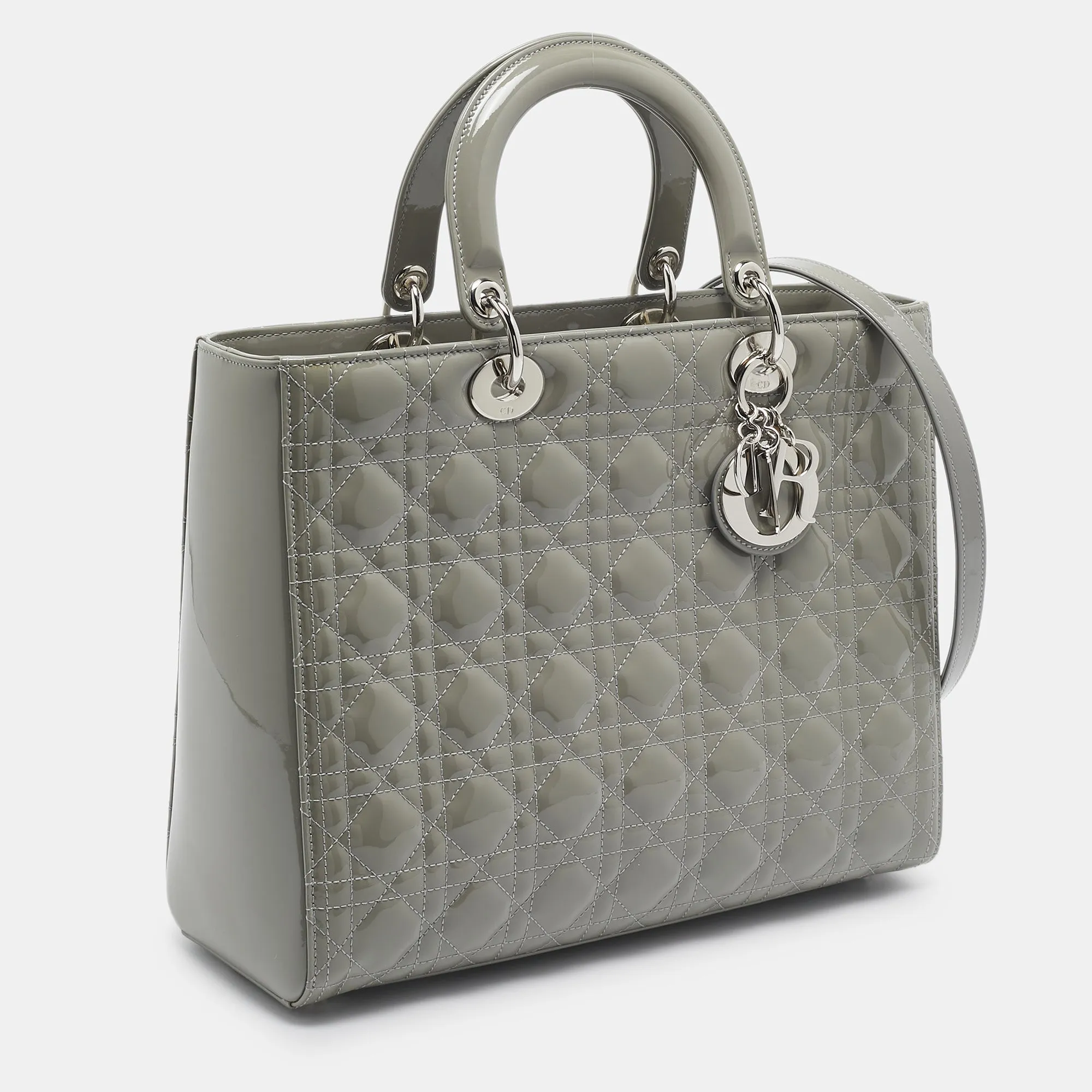 DIOR Grey Cannage Patent Leather Large Lady  Tote