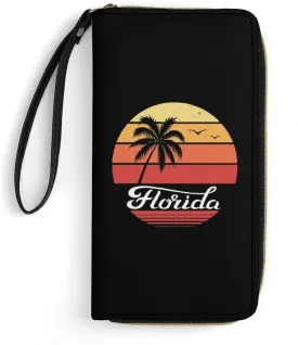 Florida Palm Sunset Womens Wallet Zippered Long Clutch Purse Leather Handbag with Wristlet Strap
