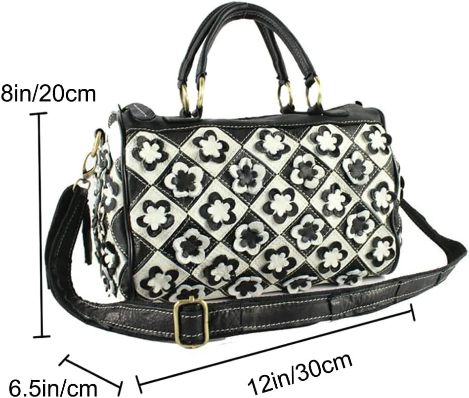 Genuine Leather Boston Bags for Women 3D Floral Top Handle Handbags Purses Satchel Shoulder Crossbody Bag Tote Bag